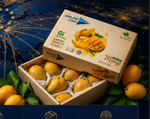 Premium Euro Mangoes packaging with mangoes